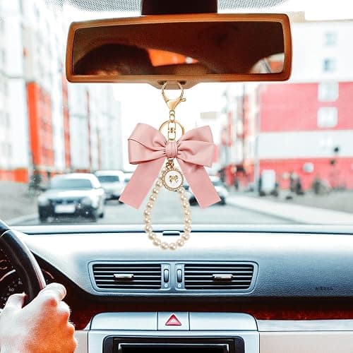 Neptniopllab Bow Keychain Pink Bow Charm Pearl Wristlet Keyring Keychain for Women Purse Bag Charm - Pink+balck-2pcs thumbnail 6