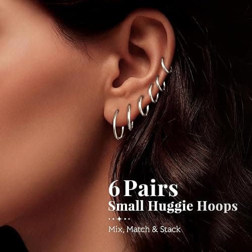 6 Pairs Hoop Earrings for Womem: 14K Gold-plated Lightweight Hypoallergenic, Nickel-Free Lead-Free, Non-Tarnish Cartilage for Multiple Piercings Stack for Jewelry Set thumbnail 2