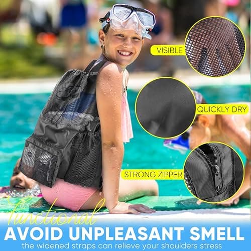HOHOM Swim Mesh Beach Bag, Waterproof Gym Bags for Women and Men, Large Pool Bag Swimming Gear Drawstring Backpack thumbnail 4
