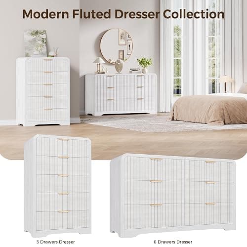 Jocoevol 5 Drawer Dresser for Bedroom, Tall Chest of Drawers, Fluted Wood Dresser with Curved Profile Design, Modern Vertical Storage Dresser for Living Room, White Dresser thumbnail 9