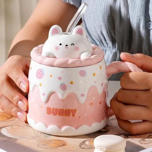 GawmFoiuy Adorable Cake Ceramic Coffee Mug - Elegant Birthday Gift for Women and Girl, Cute Rabbit Cup with Sweet Design, Perfect Present for Her Daily Tea & Coffee(Model A) thumbnail 9