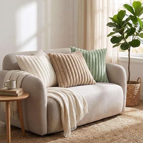 Pallene Faux Fur Plush Fall Throw Pillow Covers 18x18 Set of 2, Luxury Soft Fluffy Striped Decorative Pillow Covers for Sofa, Couch, Living Room, Cream White thumbnail 7