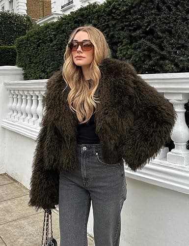 Wyeysyt Womens Faux Fur Coat Cropped Lapel Fluffy Fur Jacket Long Sleeve Open Front Shaggy Fuzzy Outerwear thumbnail 3