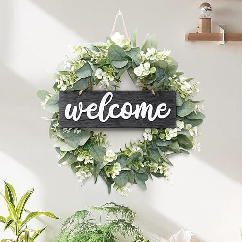 Dremisland 16 Inch Eucalyptus Leaves Wreath,Artificial Green Leaves Wreath with Welcome Sign Board for Front Door Window Farmhouse Garden Festival Celebration Home Decoration (Black) thumbnail 6