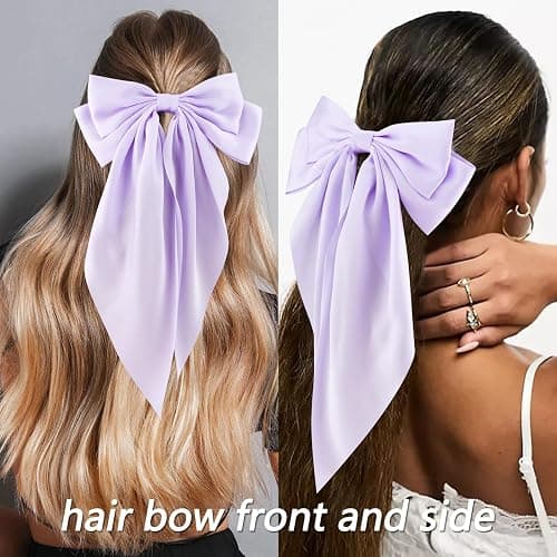 Velscrun Hair Bows for Women Girls Purple Silky Satin Large Coquette Hair Bow Oversized Hair Ribbons Big Hair Bows Clip Long Tail Bowknot Hair Barrettes Halloween Christmas Hair Accessories thumbnail 3