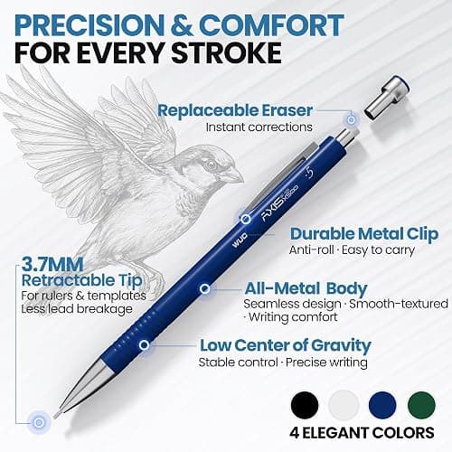 WUO 0.5 & 0.7 mm Mechanical Pencils with Eraser Pen Storage Case, 8 PCS | Metal Drafting Pencil Set, 480 HB Lead Refills, 3x4B Erasers, 11 Eraser Refills for Artist Writing Drawing Sketching thumbnail 3