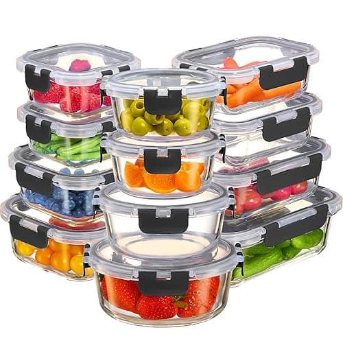 FineDine Glass Storage Containers with Lids - Leak Proof, Dishwasher Safe Glass Food Storage Containers for Meal Prep or Leftovers (Black, 24 Piece) - Black - 24 Piece - Image 1