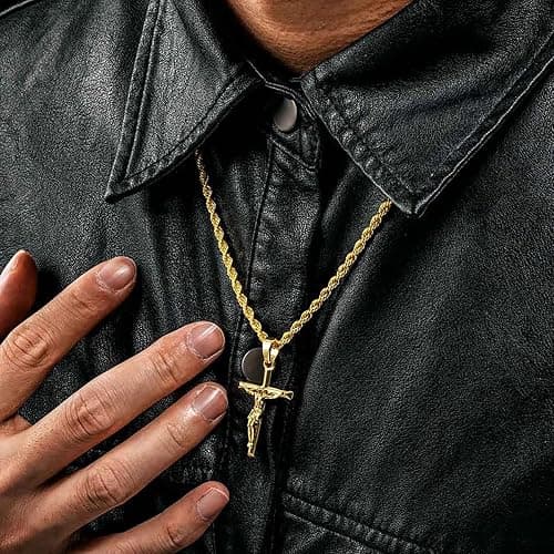 HELLOICE Crucifix Cross Necklace 18K Gold Plated Cross Pendant with 3mm 22" Rope Chain for Men Women thumbnail 3