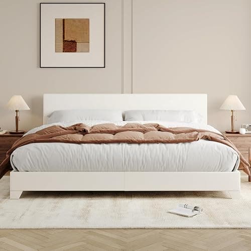 Allewie King Size Bed Frame with Adjustable Headboard, Faux Leather Platform Bed with Wood Slats, Heavy Duty Mattress Foundation, No Box Spring Needed, Noise-Free, Easy Assembly, White thumbnail 3