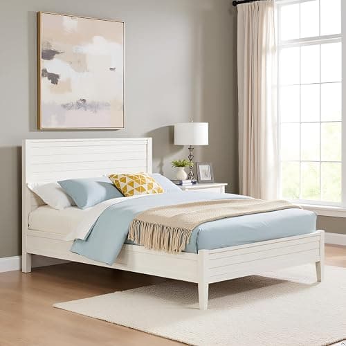 Arden Queen Size Panel Bed Frame – Solid Brazilian Pine Wood with High 50" Headboard, Low 18" Footboard, 8" Underbed Clearance – Rustic Boho Bedroom Style by Alaterre Furniture (Light Driftwood White) thumbnail 5
