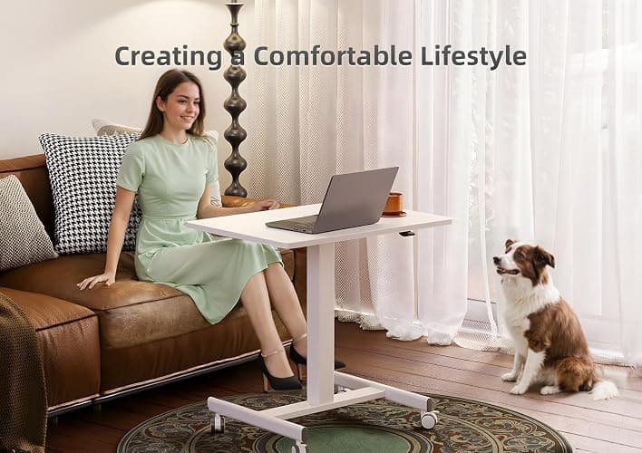 Claiks Mobile Standing Desk, Small Rolling Workstation with Wheels, Pneumatic Laptop Desk for Home Office with Hook, White thumbnail 6