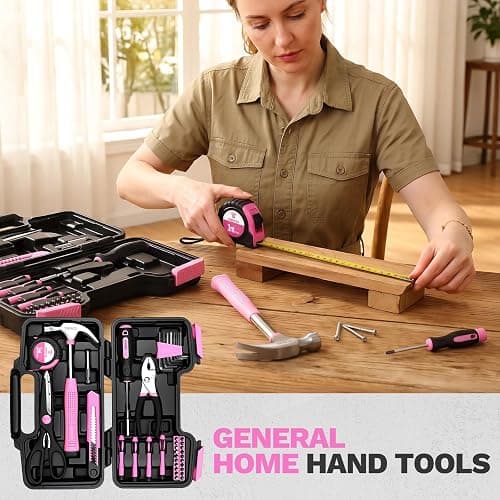 DEKOPRO 39-Piece Pink Household Tool Kit for Women, Basic Hand Tool Set with Plastic Toolbox Storage Case, Small Starter Tool Box Set for Home Repairs, DIY Projects, Crafts and Dorm Essentials thumbnail 4