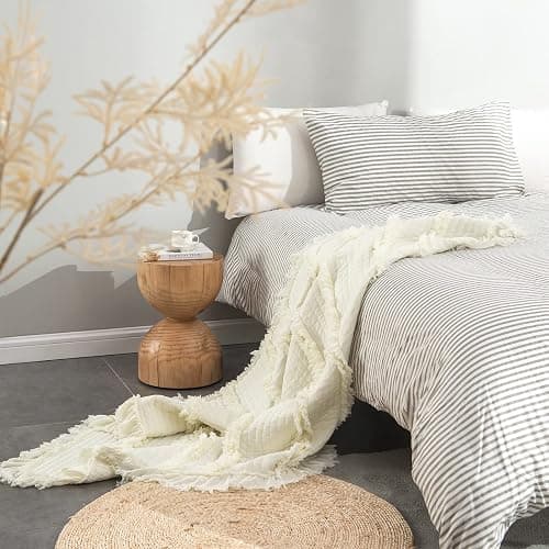 Ultra Soft Pre-Washed Quilted Boho Cream Twin Size Blankets for Bed, Ruffle Fringed Decorative Throw, Stone Washed Chic Rustic Blanket for Sofa Couch Bed, 60"*80" thumbnail 3