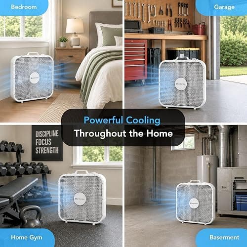 Comfort Zone Box Fan with Carry Handle, 20 inch, 3 Speed Full-Force Air Circulation Window Fan, Bedroom Floor Fan with 5 Blades, White Noise Cooling Fan, White thumbnail 6