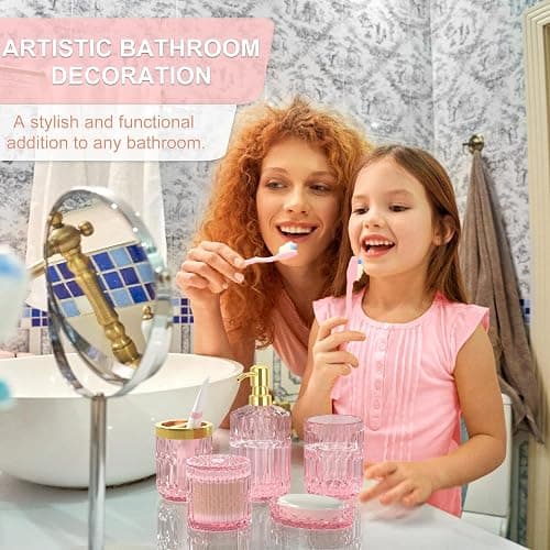 Pink Bathroom Accessories Set, 5Pcs Clear Glass Pink Bathroom Decor with Lotion Soap Dispenser, Soap Dish, Tumbler, Cotton Swab Jar, Toothbrush Holder for Bathrooms Set Modern Crystal Vintage Gift thumbnail 4