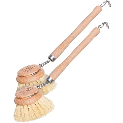 REDECKER 2 Pack Tampico Fiber Bristle 2-Inch All-Purpose Kitchen Dish Scrub Brush with Beechwood Handle - Dish Brush with Hooked Handle for Pots, Pans, and Kitchen Utensils - Made in Germany - Image 1