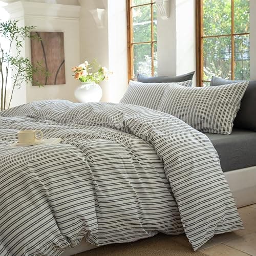 BESTDESIL Striped Duvet Cover Set,100% Washed Cotton Line Like Breathable Trendy Bedding Set(Strip-White/Black,Full) thumbnail 6