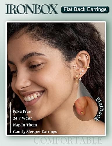 IRONBOX Hypoallergenic Flat Back Earrings for Women Cartilage Earring Stack | Stainless Surgical Steel Earrings for Sensitive Ears,Flatback Stud Hoop Earring Set,Helix Tragus Conch Daith Piercing Jewelry thumbnail 3