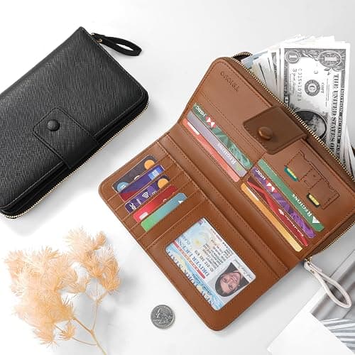 TiMOVO Leather Wallet for Women with RFID Blocking, Holds 12 Cards, Wrist Strap, Large Capacity Travel Purse, Beige + Brown thumbnail 3