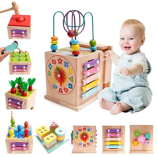 Montessori Jouet Bebe 1 an |9 en 1 Cube d'activités motrices dès 1 an |frapper la balle,Formes À Trier Empiler Jeu,Jouet de Récolte de Carottes,Jouet en Bois pour Cadeau Fille Garcon Bébés 2 3 4 Ans - Image 1
