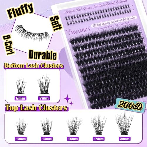 Yawmaica Lash Clusters Kit with Bottom Lashes Wispy Eyelash Extension Kit 200D Volume Eyelash Clusters 12-20mm D Curly Individual Lashes DIY Lash Extension Kit with Lash Bond and Seal Lash Tweezers thumbnail 3