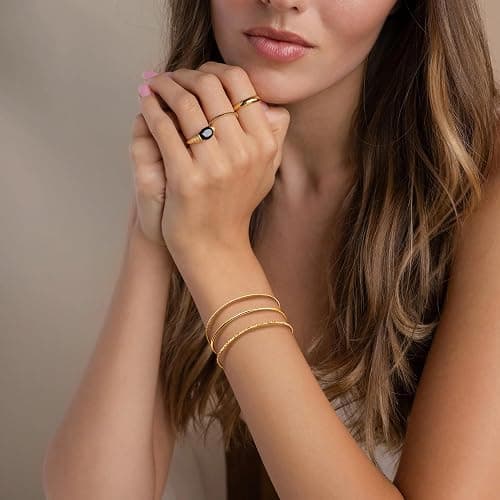 GoldGifts Stocking Stuffers for Teen Girls Dainty Thin Gold Cuff Bangle Bracelet for Women Trendy,Waterproof 14K Gold Pated Bracelet Stack Small Cute Rope, Geometric & Smooth Bracelet Bangles for Women, Stackable Minimalist Simple Gold Jewelry Bracelet Set thumbnail 6