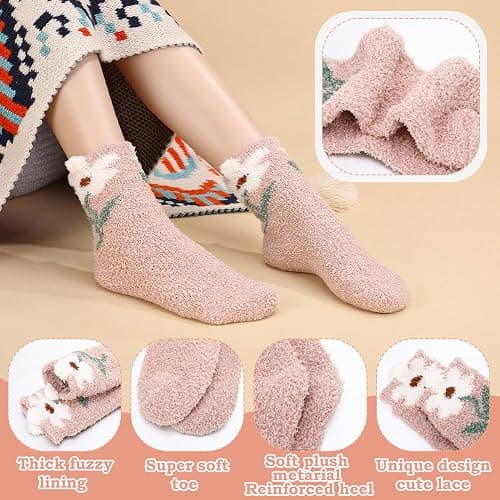 scenicamp 6 Pairs Floral Fuzzy Socks for Women Cute Cozy Plush Sleep Slipper Socks Warm Winter Sock for Christmas Birthday Gift thumbnail 3
