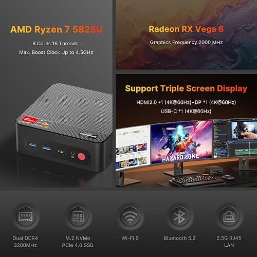 BOSGAME P4 Light Gaming Mini PC, Ryzen 7 5825U, 32GB RAM 1TB SSD, 11 Pro Triple 4K 60HZ Displays Desktop Computers, Support PS3 Emulator Micro PC, HDMI+DP+Type-C, WiFi 6E, BT5.2, Dual 2.5GbE LAN thumbnail 2