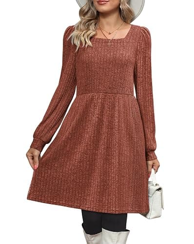 OFEEFAN Womens Knit Sweater Dress with Pockets Square Neck Long Sleeve Dresses thumbnail 2