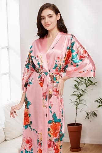 BABEYOND Women's Kimono Robe Long Satin Silky Floral Lightweight Bridesmaid Wedding Bachelorette Party Robe thumbnail 4