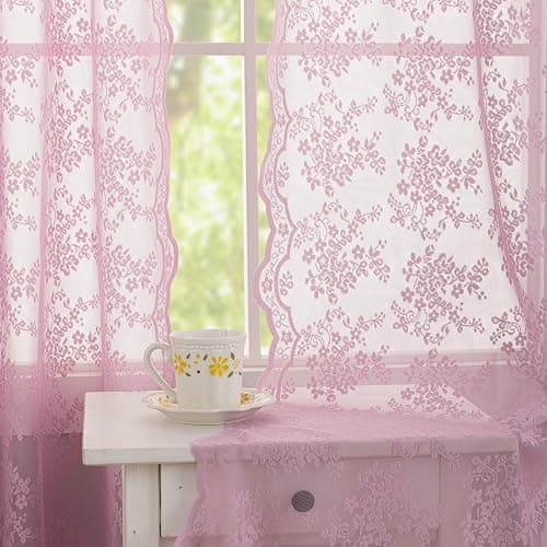YJ YANJUN Vintage Lace Curtains 63 Inch Length-Victorian Floral Pattern Lilac Sheer Curtain Panels for Living Room Bedroom,Light Filtering, Cute Girls Drapes 2 Panels 52W x 63L Purple Blush thumbnail 4