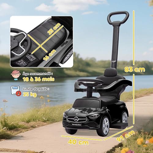 AIYAPLAY Porteur Enfants Mercedes-Benz sous Licence Voiture à Pousser Noir | Porteur Bébé 2 en 1, Poignée Amovible, Garde-Corps, Espace de Rangement, Klaxon et Volant, Enfants 18 à 36 Mois thumbnail 3