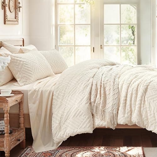 Zzlpp Queen Comforter Set 7 Pieces, Cream Tufted Bed in a Bag with Comforter and Sheets, All Season Boho Bedding Sets with 1 Comforter, 2 Pillow Shams, 2 Pillowcases, 1 Flat Sheet, 1 Fitted Sheet thumbnail 4