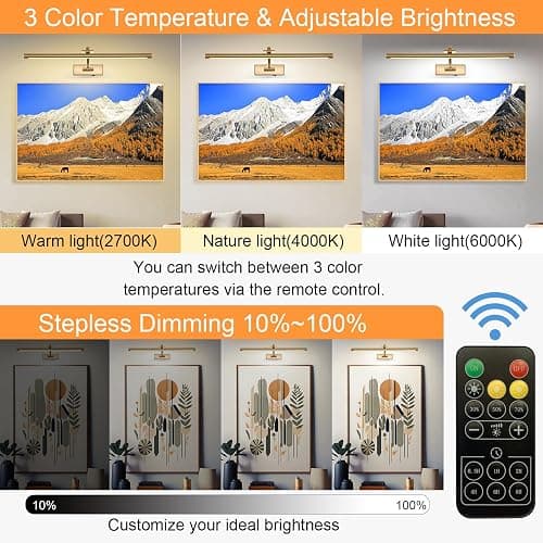 Tassuowell Picture Light Battery Operated with Remote, 3CCT Dimmable Picture Light for Paintings, Brass Rechargeable 24 inch Battery Operated Wall Sconce for Art Lighting Gallery Portrait Artwork thumbnail 2