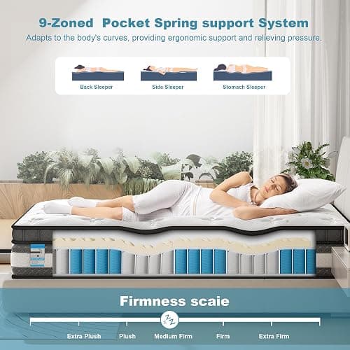 sirhome Double Mattress,4FT6 Gel Memory Foam 9 Zone Orthopaedic Mattress Pocket Sprungs,Wave Memory Foam Hybrid Medium Firm for Pressure Relief & Motion Isolation,in a Box 135x190x25cm thumbnail 2