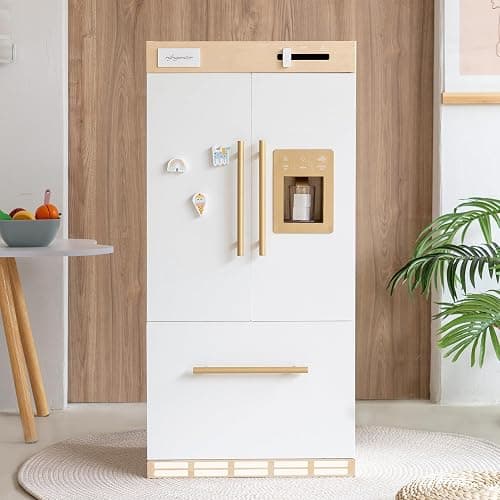 Wooden Play Kitchen Fridge – Interactive Ice Maker, Double Door Storage & Creative Fridge Magnets, Pretend Play Refrigerator for Boys & Girls 3+ thumbnail 7