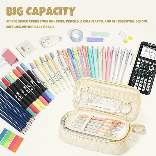 SUNEE Cute Pencil Case, Large Capacity Pencil Pouch Aesthetic Zipper Pencil Bag, Big Storage Pen Organizer for Stationery, Soft Quilted Pencil Box Back to School Supplies for Teen Girls Boys, Cream thumbnail 3