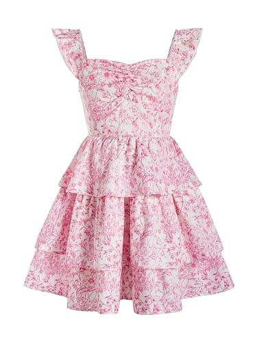 RoseSeek Girl's Floral Summer Dress Ruffle Shirred High Waist Ruched Sweetheart A Line Spring Dress - Image 1