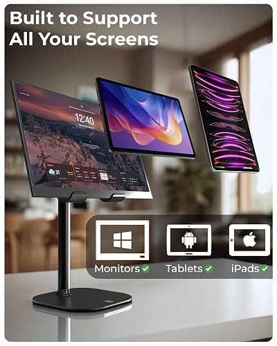 Cooper TabHolder, 7-10" Height Adjustable Tablet Stand, Premium iPad Stand for Desk, 270° Tilt Portable Monitor Holder for 15.6-17" Displays, for All iPad, Kindle, Surface, Samsung Tablets (Black) thumbnail 5