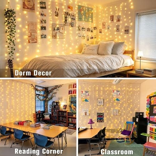 JMEXSUSS 300 LED Remote Control Curtain Lights, Plug in Fairy Curtain Lights Outdoor, Window Wall Hanging String Lights for Bedroom Indoor Dorm Backdrop Wedding Party Patio Christmas Decor, Warm White thumbnail 3