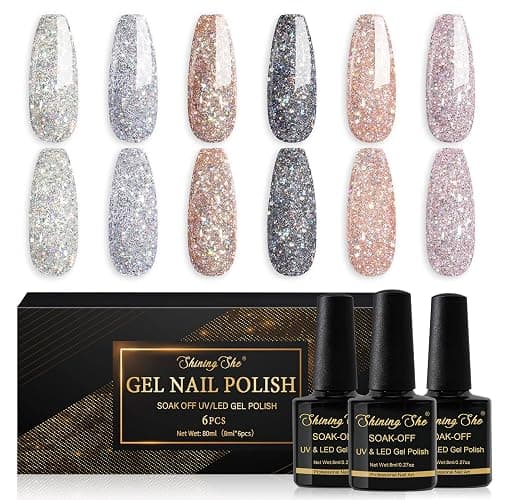 Shining She Vernis Semi Permanent Paillettes, 6 Couleurs Paillettes Blanc Argenté Noir Or Rose Vernis à Ongles Gel Soak Off UV/LED Semi-permanent Manucure Kit Pour Salon De Manucure DIY Home, 8ml - Paillettes - Image 1