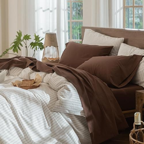MooMee Bedding Sheet Set 100% Cotton Linen Like Textured Breathable Durable Soft Comfy (Solid Cocoa Brown, Queen) - Image 1