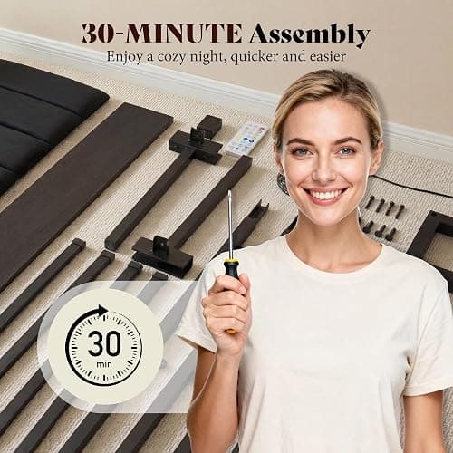 AMERLIFE Queen Bed Frame with LED Light and 2 Storage Drawers, Metal Platform Bed with Storage Headboard, Velvet Upholstered, Heavy-Duty Slats, No Box Spring Needed, Easy Assembly, Black thumbnail 5