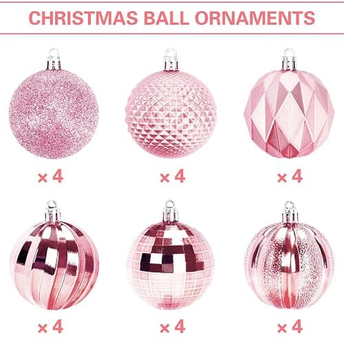 JULMELON 24PCS Pink Christmas Ball Ornaments, 60mm Shatterproof Tree Decor | Plastic, Xmas Tree Decorations, Wedding, Mothers Day Party, Assorted Style Decor, Large 2.4 in thumbnail 4