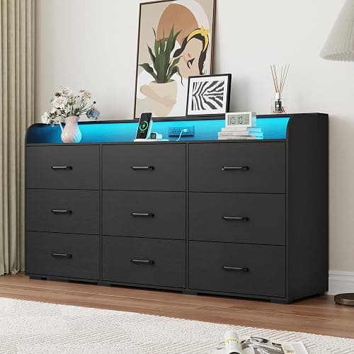 9 Drawers Dresser for Bedroom, 63" Wood Dresser with Power Outlet, LED Lights and Deep Drawers, Wide Chest of Drawers, Modern Minimalist Closet Dressers for Kids Bedroom, Living Room, Nursery, Black - Image 1