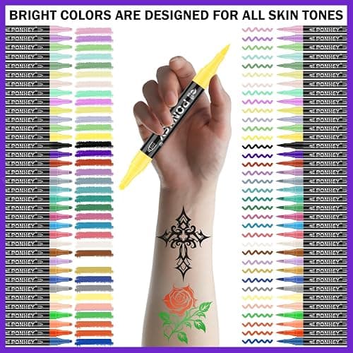 Ponhey Temporary Tattoo Markers for Skin, 36 Body Markers+67 Large Tattoo Stencils,Dual-End Tattoo Pens,Fine Lines with Cosmetic-Grade,Flexible, Skin-Safe Face Paint Kit for Kids Teenage Adults thumbnail 4