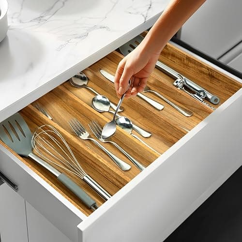 VaeFae Acacia Kitchen Silverware Organizer, Cutlery Drawer Organizer with 5 Compartments, Wooden Utensil Holder for Flatware and Cooking Tools thumbnail 6