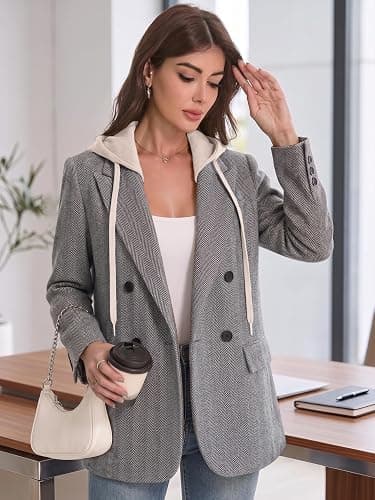 Mina Self 2026 Fall Women's Hooded Blazer Jacket Oversized Business Casual | Long,Double-Breasted,Full-Lined,Open Front,Long Sleeve, Lapel, Dressy Suits,Work Office Outfits With Pocket,Capsule Wardrobe thumbnail 2