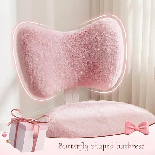 Homkdom Vanity Chair with Wheels, Pink Desk Chair with Cute Bow Backrest, Fluffy Faux Rabbit Fur Small Office Chair for Vanity, Make-up Room, Bedroom, Dorm, Small Space, Height Adjustable, Pink thumbnail 3
