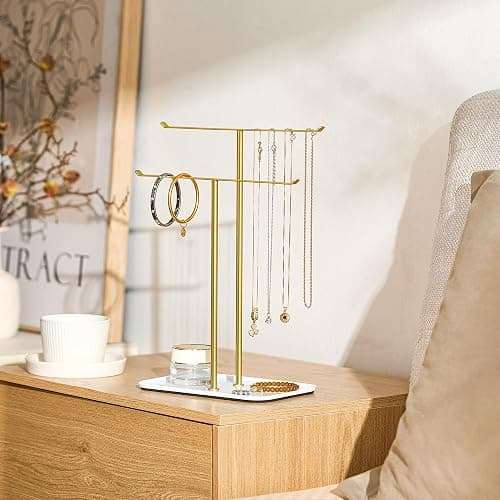Jewelry Organizer Stand Necklace Holder – 2‑Tier T‑Bar Jewelry Display Tree with Tray for Countertop Necklace Bracelet Earring Storage, Vanity Dresser Bathroom Sink, Gold thumbnail 7